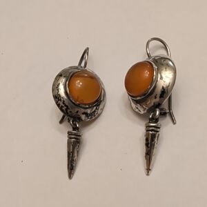 Vintage Sterling Silver Amber Cabochon Earrings